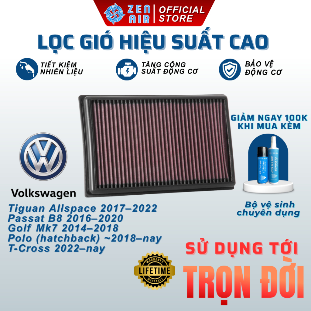 Lọc gió động cơ Volkswagen Tiguan Allspace, Passat B8, Golf Mk7, Polo, T-Cross hiệu suất cao Zen Air