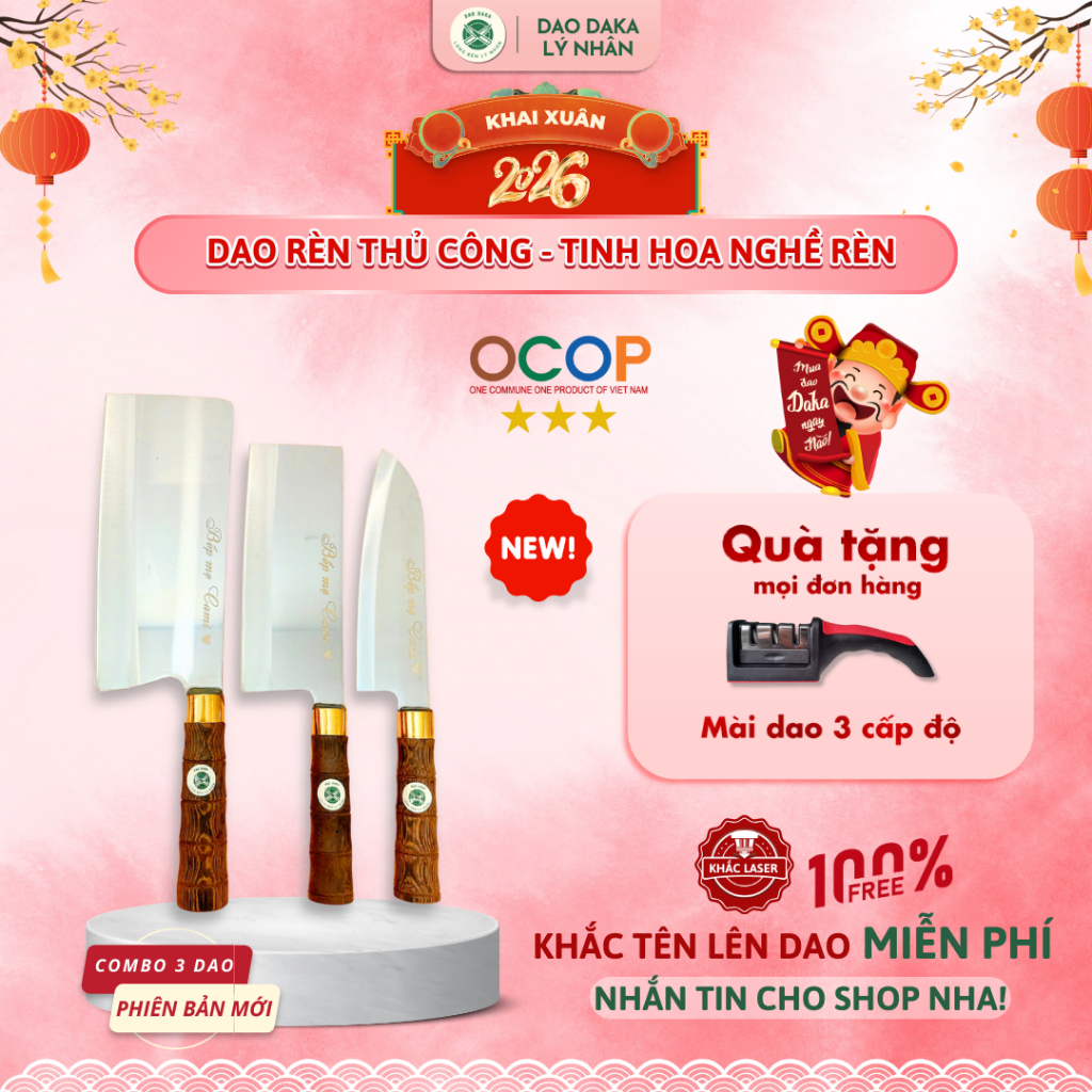 Combo 3 dao nhà bếp DAKA thép 4CR13 không gỉ - Chuôi gỗ mun khâu đồng