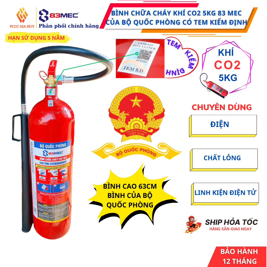 {có kiểm định}Bình chữa cháy khí C02 5kg 83MEC của BỘ QUỐC PHÒNG có tem kiểmđịnh-Chuyên điện và sạch
