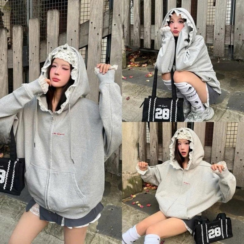 Áo Khoác Hoodie Nữ REGODS Tay Rộng Phối Ren Form Rộng Oversize KAZI
