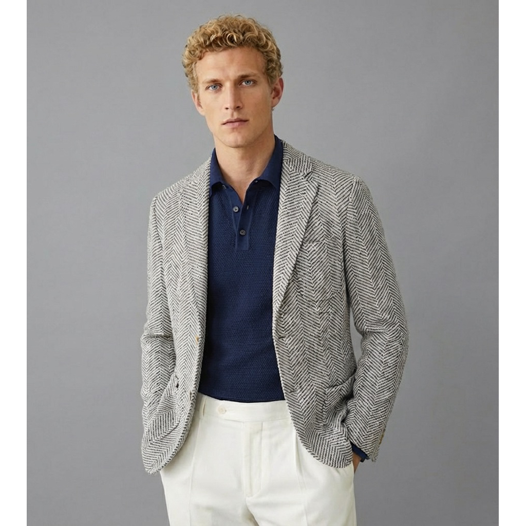 Áo Blazer Nam MASSIMO DUTTI Vải Tweed Xương Cá Xám - Sang Trọng, Lịch Lãm, Form Regular | Chính Hãng