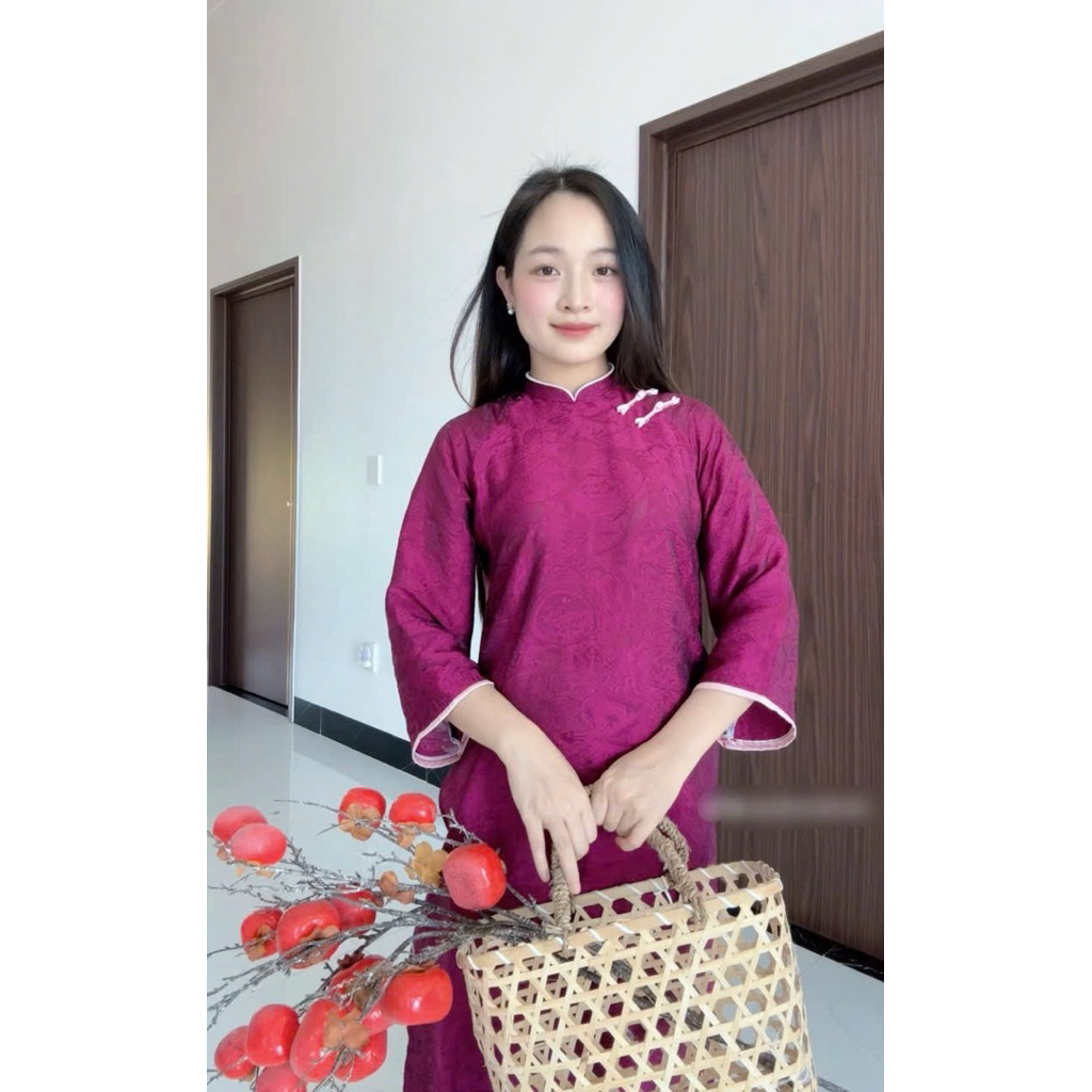 Áo Dài Cách Tân Tằm Óng- Áo Dài Dáng Suông May Sẵn Cổ V Cao 2cm Tay Lỡ Hương Thảo HT025