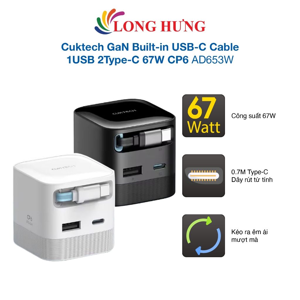 Cốc sạc Cuktech GaN Built-in USB-C Cable 1USB 2Type-C 67W CP6 AD653W - Hàng chính hãng