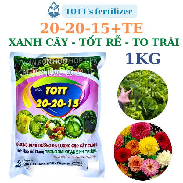 (COMBO 3 GÓI) Phân NPK 20-20-15+TE - gói 1kg TOTT's fertilizer Phân bón 3 màu kích ra hoa, nảy chồi,