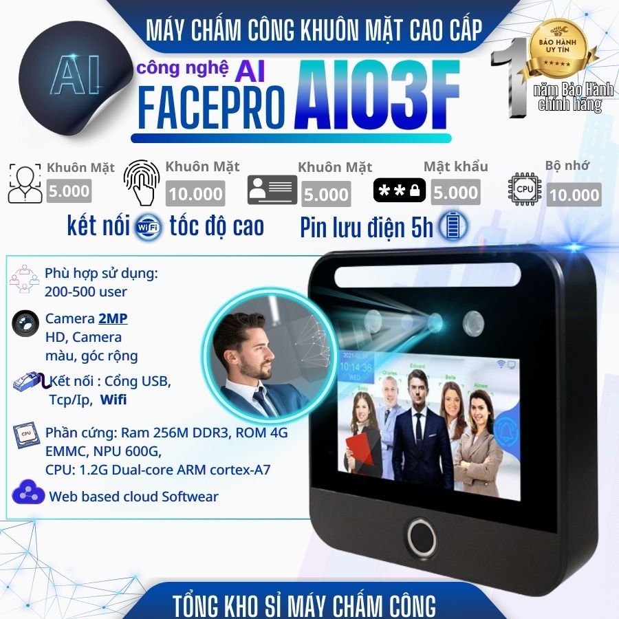 Máy chấm công khuôn mặt AI03F  (Có pin lưu điện) => xem giờ nhanh qua app/ web/ phần mềm mitapro mới