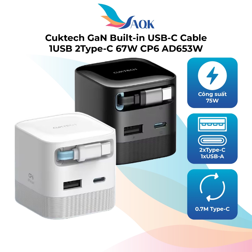 Cốc sạc Cuktech GaN Built-in USB-C Cable 1USB 2Type-C 67W CP6 AD653W - Hàng chính hãng