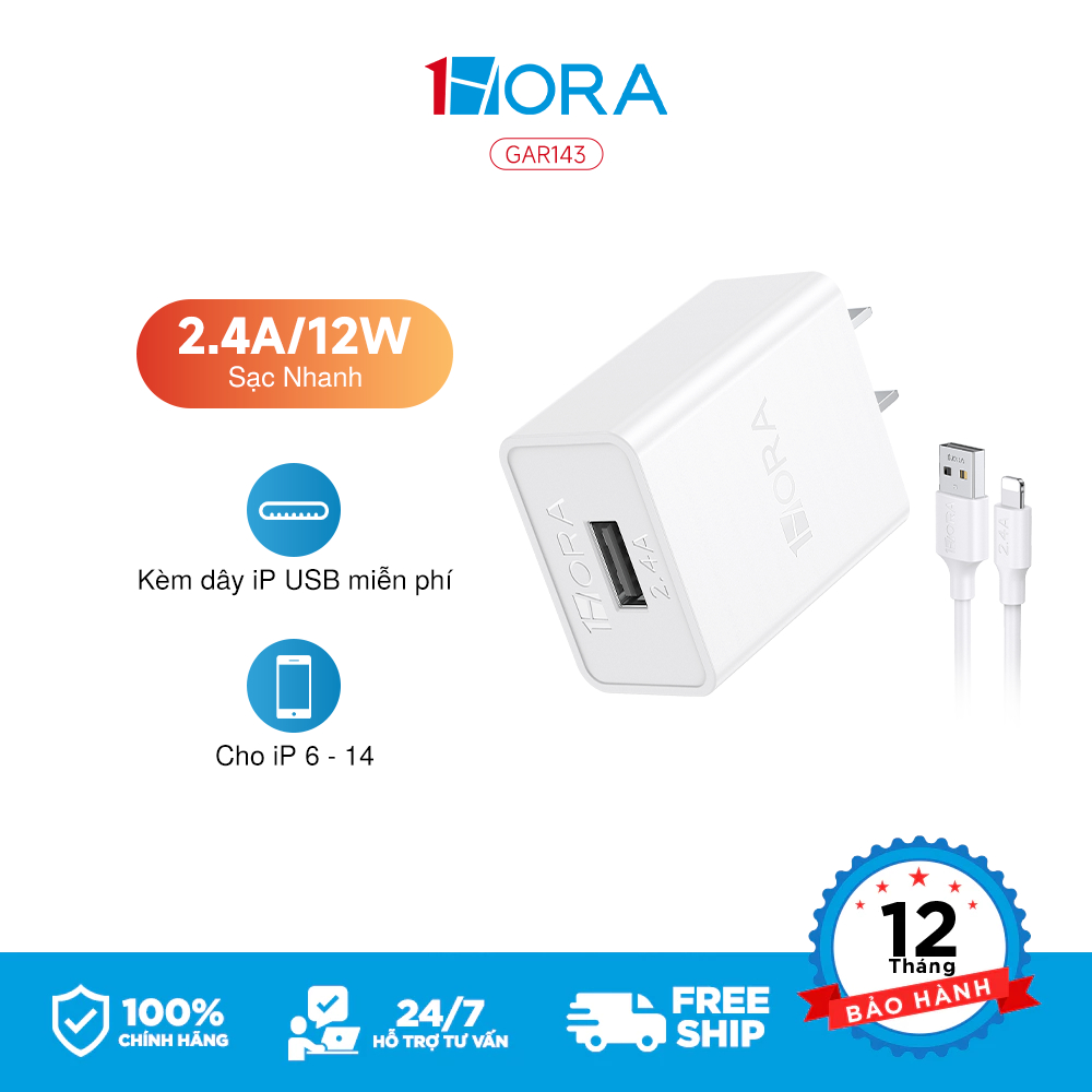 Bộ Sạc 1HORA 12W Nhanh  dành cho Phone 14 13 12 11 10 9 promax... trở xuống - Cáp USB- A to L - Dài 