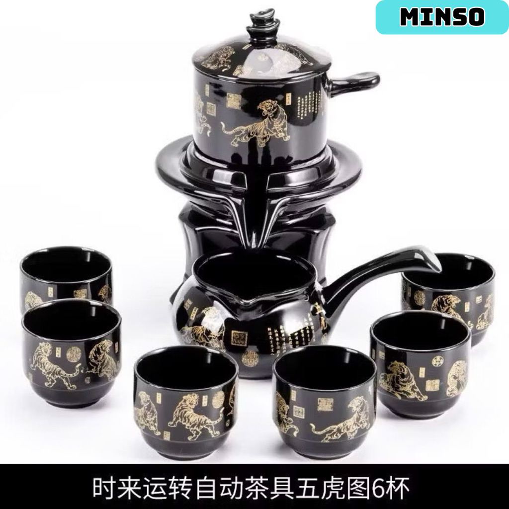 Bộ Ấm Chén Trà Đạo Ngũ Hổ Quần Lâm 10 Món Men Bóng Cao Cấp, Bộ Ấm Chén Cối Xay, Bộ Ấm Trà Đạo