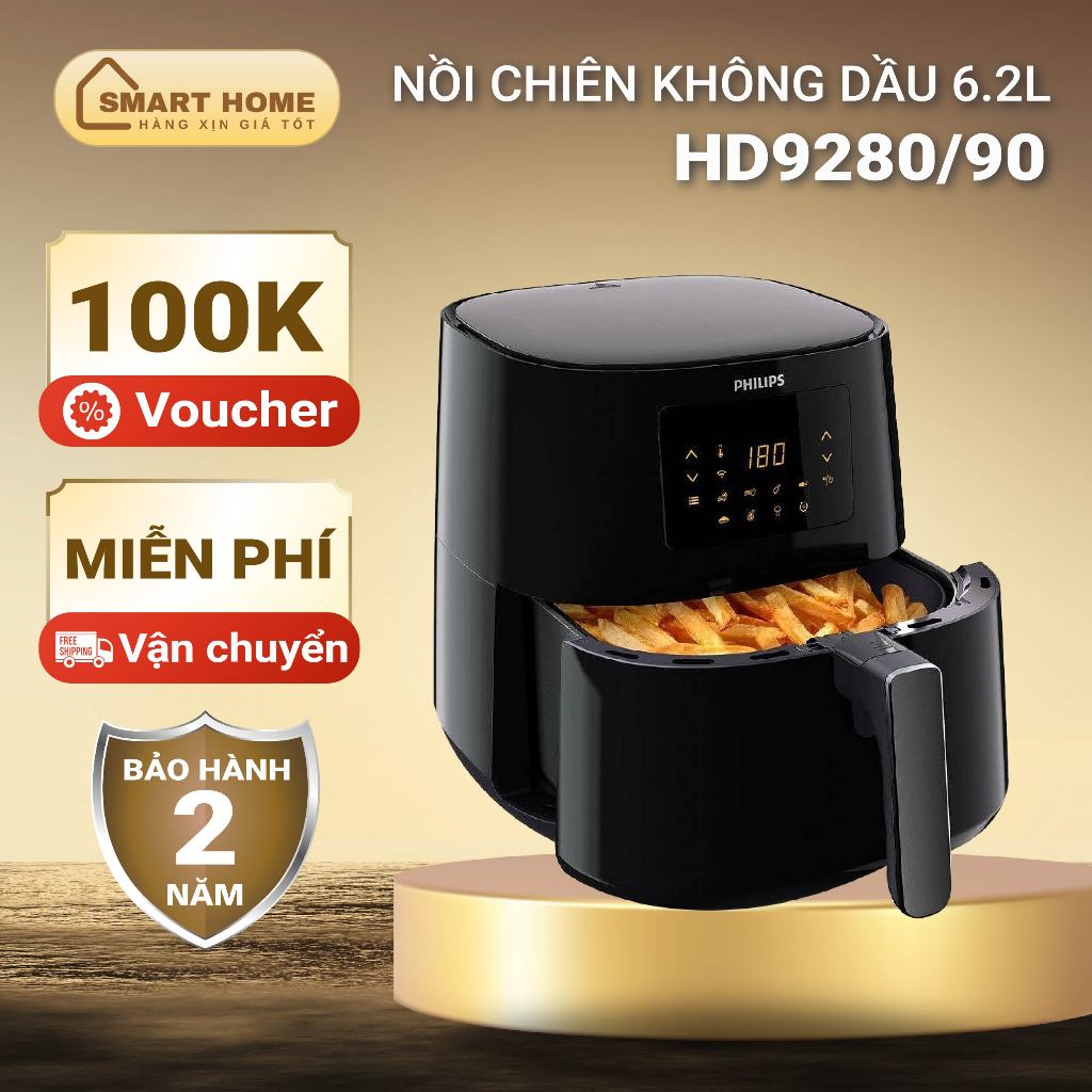Nồi chiên không dầu điện tử Philips 6.2L - HD9280/90, giỏ chiên chống dính, bảo hành 2 năm