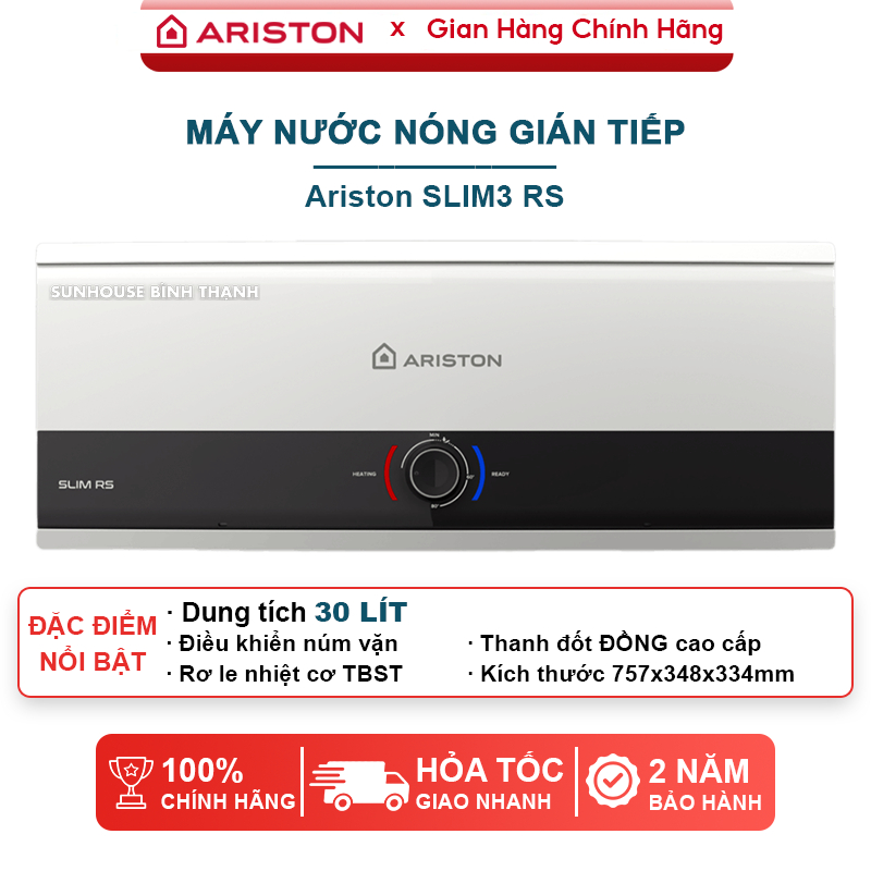 Máy nước nóng gián tiếp (bình ngang) Ariston SLIM3 RS - Dung tích 20L, 30L - Bảo hành 2 năm