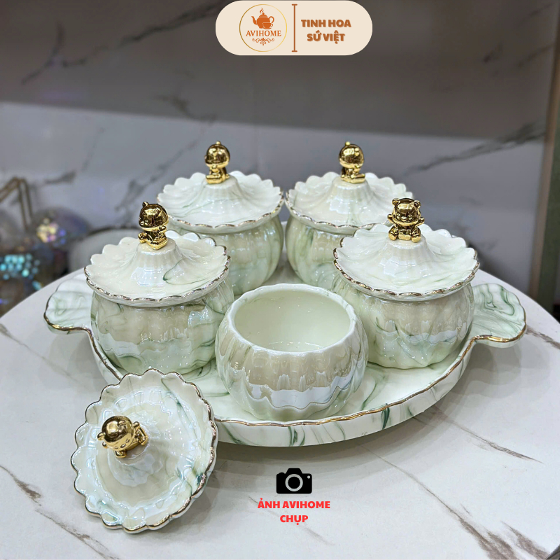 Khay Mứt Sứ Vân Đá Xanh - Khay Sứ 5 Hũ Tròn Núm Gấu Kèm Khay Xoay Sang Trọng - Decor Tết (TF-3A)