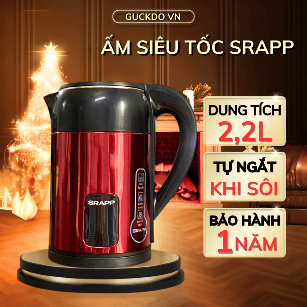 Ấm siêu tốc SRAPP dung tích lớn 2,2L, siêu tốc công suất 1300W cực nhanh sôi, lòng inox 304 cực bền