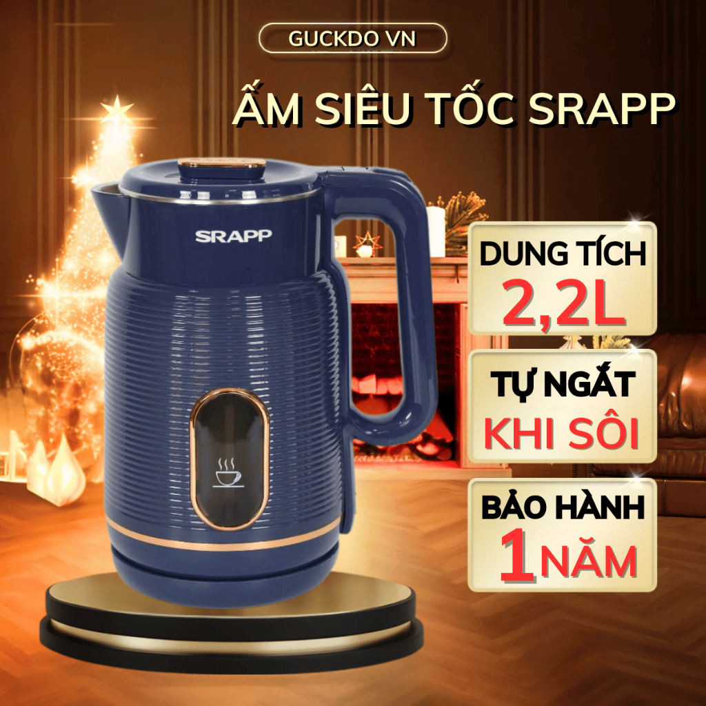 Ấm siêu tốc SRAPP ST255 công suất lớn 1500W, ấm đun nước dung tích 2,2L chất liệu inox 304 an toàn