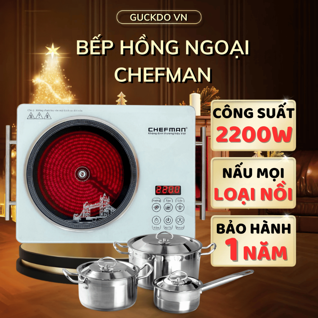 Bếp hồng ngoại Chefman chính hãng công suất 2200W nấu nướng đa dạng các loại nồi chảo-Bảo hành 12T