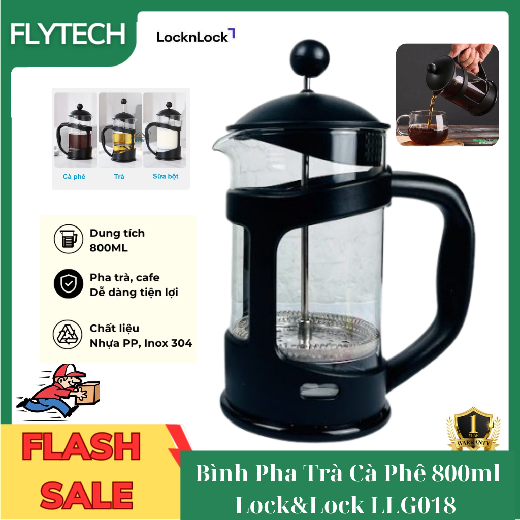 Bình Pha Trà, Cà Phê Kiểu Pháp Có Lưới Lọc Lock&Lock 800ml LLG018 - Thân Thủy Tinh Brosilicate