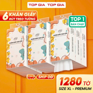 Thùng 6 bịch Khăn giấy rút Top Gia treo tường đa sắc 1280 tờ, dập vân 4D, siêu dai và mềm mịn