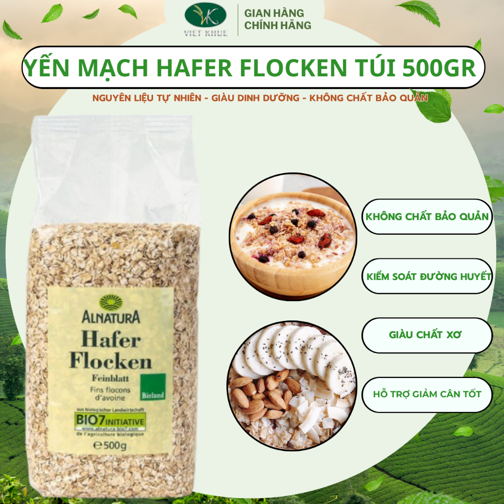 Yến Mạch Đức Tươi Cán Vỡ Ăn Kiêng Túi 500gram, Yến Mạch Ăn Liền Hafer Flocken Cán Dẹt Nguyên Chất