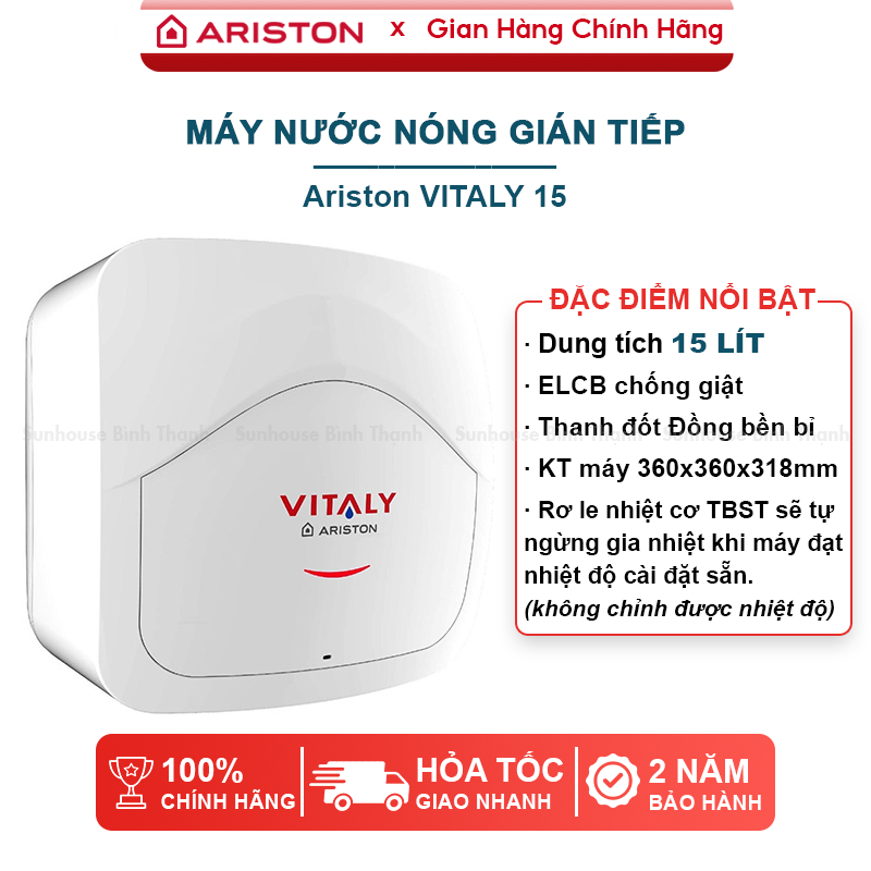 Máy nước nóng gián tiếp (bình vuông) Ariston VITALY dung tích 15 lít, 30 lít - Bảo hành 2 năm