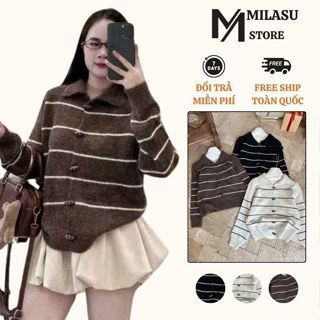  Áo Len Cổ Bẻ Kẻ Ngang Cài Cúc Bầu Dục Bằng Gỗ Milasu Áo Khoác Cardigan Dài Tay From Rộng Chất Dày Dặn 506 