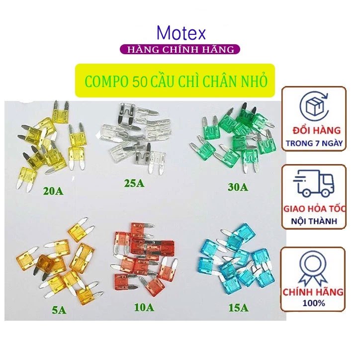 【MOTEX】50 chiếc Cầu chì dẹp chân to 32V đủ các giá trị 1A - 50A cho ô tô, xe máy chính
