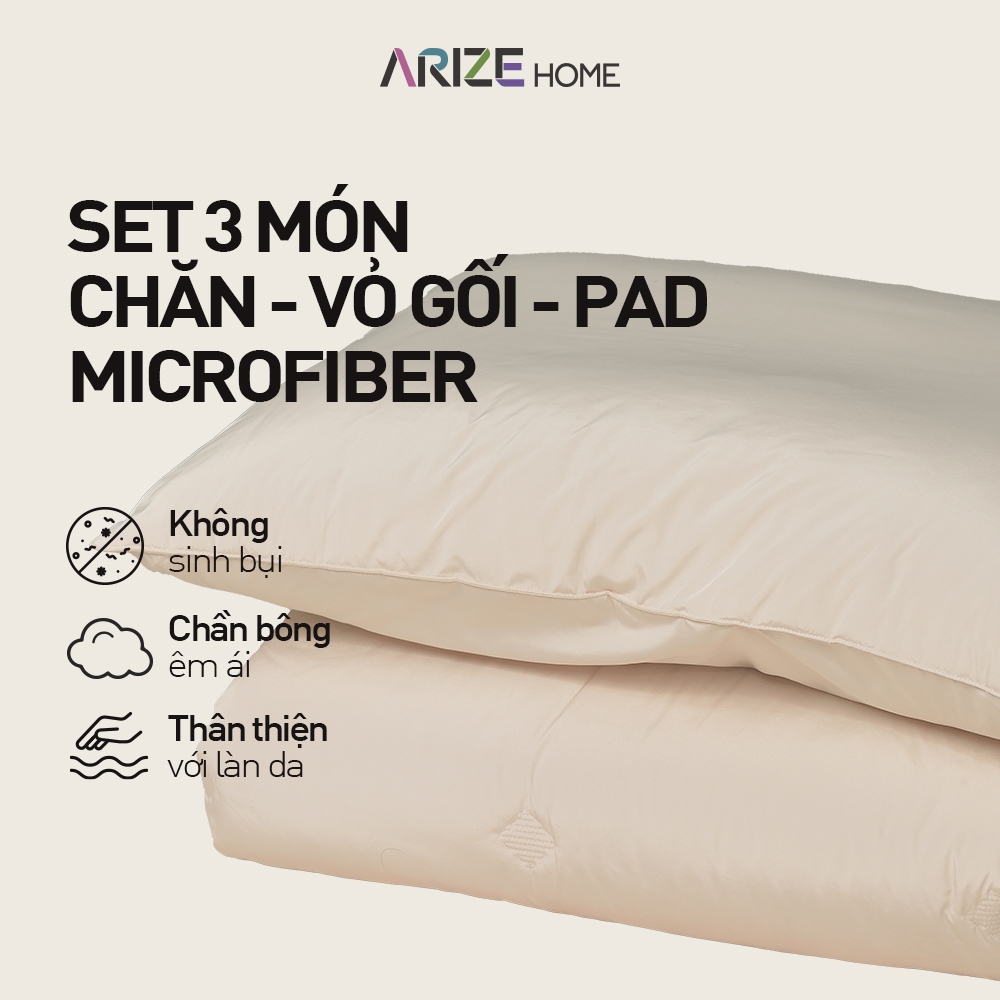Set 3 Món Chăn - Vỏ Gối - Pad Nệm ARIZE On Cloud Solid Bedding Set Màu Begie
