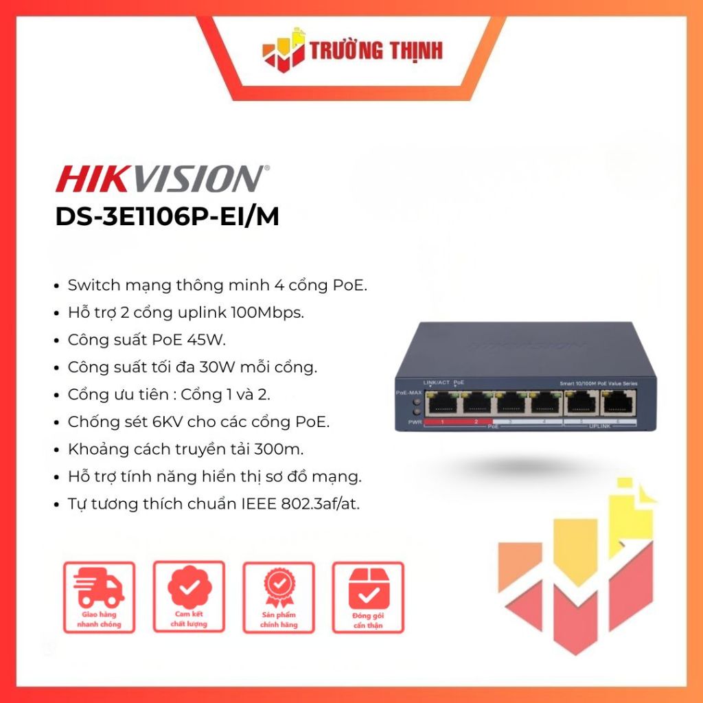Switch mạng 4 cổng PoE HIKVISION DS-3E1106P-EI/M