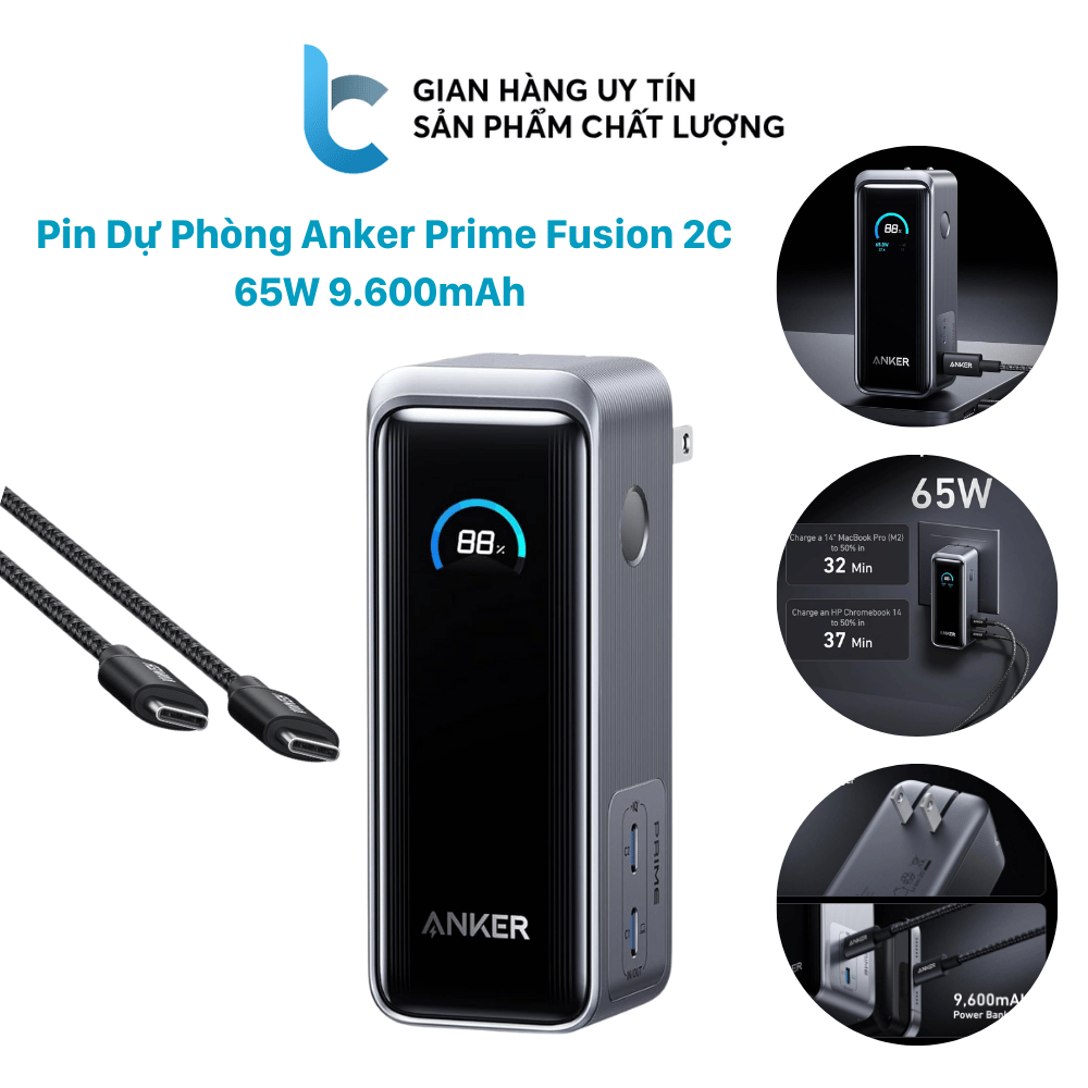 Pin Sạc Dự Phòng Kiêm Sạc Tường Anker Prime Fusion 65W 2 Cổng USB-C 9600mAh Kèm Cáp C-C 100W A1339