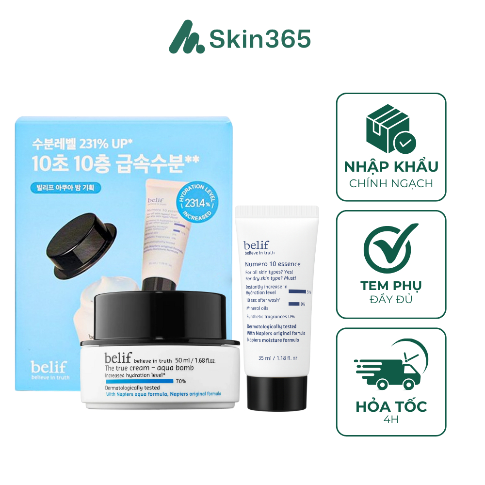 Set 2 Món Kem Dưỡng Belif The True Cream Aqua Bomb 30mL + Tinh Chất Belif Numero 10 Essence 35mL