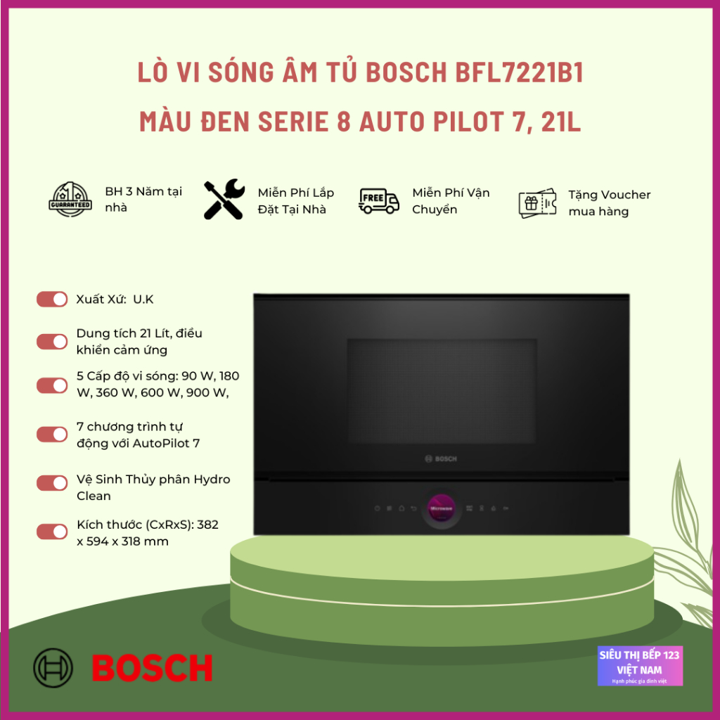 LÒ VI SÓNG ÂM TỦ BOSCH BFL7221B1 MÀU ĐEN SERIE 8-MADE IN UK-7 CHƯƠNG TRÌNH TỰ ĐỘNG