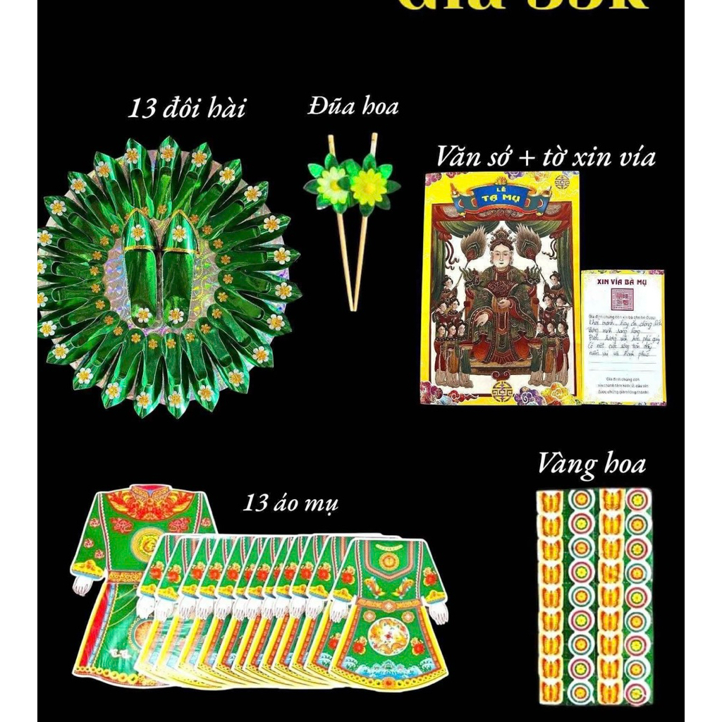 Set vàng mã cơ bản hài váy vàng hoa văn khấn cúng 12 bà mụ và mụ chúa trong mâm cúng đầy tháng thôi 