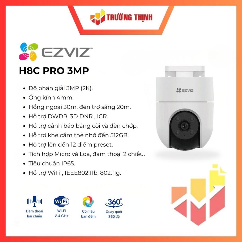 Camera quay quét 3MP EZVIZ H8C Pro (2K, PoE)