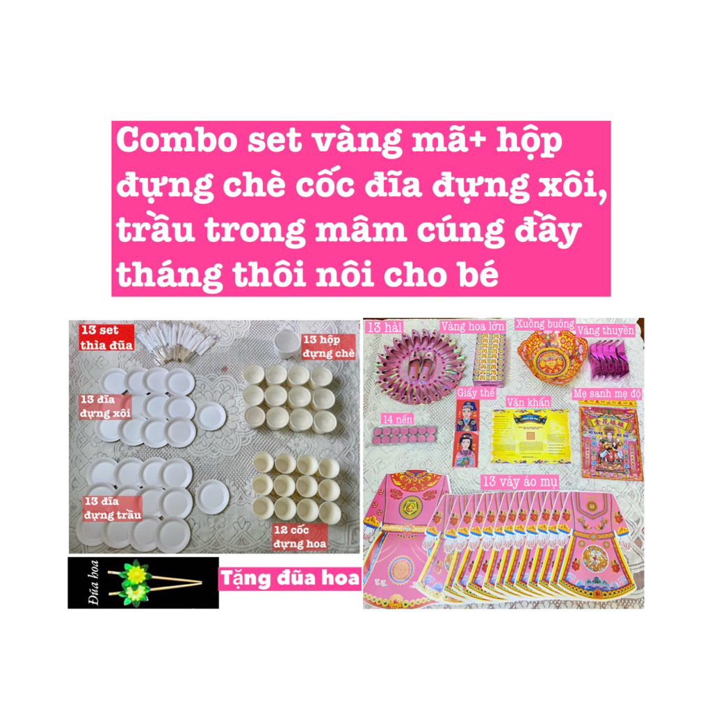 combo set vàng mã+ set hộp, thìa, đĩa, đũa dùng trong mâm cúng đầy tháng thôi nôi cúng 12 bà mụ và m