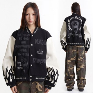  Áo khoác bomber varsity jacket nam nữ thân dạ tay da thêu xù Made Extreme MR03 Deer6 màu đen 