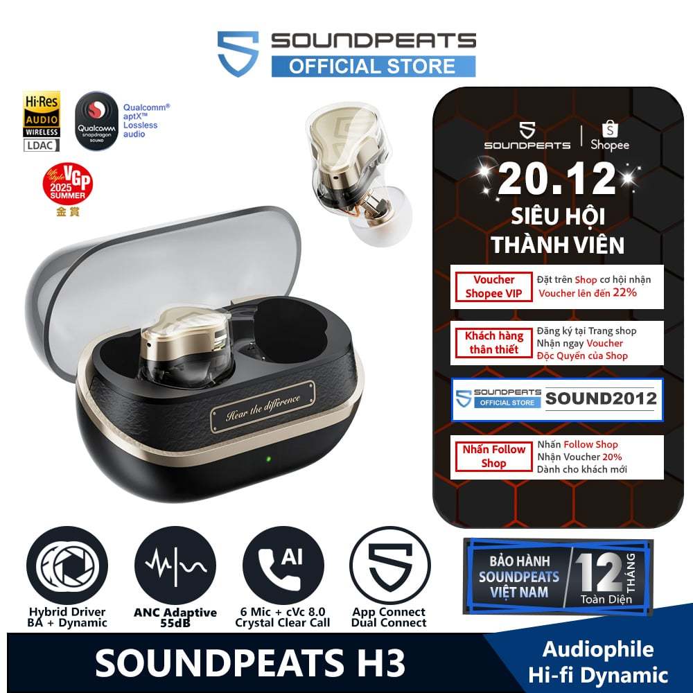 Tai nghe True Wireless SoundPEATS H3 LDAC APTX Lossless | 3 Driver BA Dynamic Bluetooth 5.4 | BigBuy360 - bigbuy360.vn