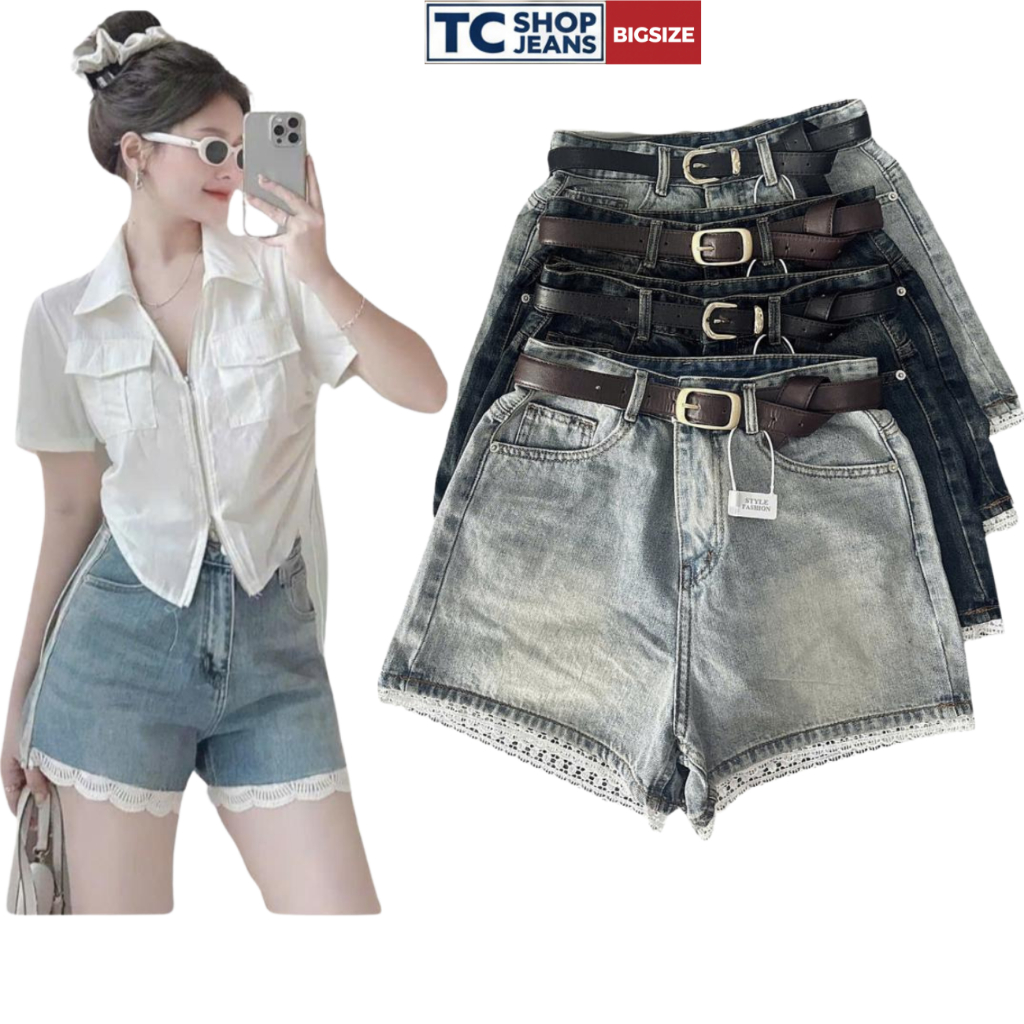 Quần Short Jean Nữ Phối Ren Cách Điệu  TC SHOP JEANS BIGSIZE 55kg-90kg  Chất Jean QC Mang Đi Chơi Mã