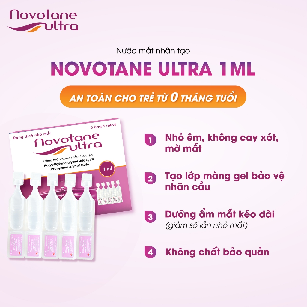 Nước Nhỏ Mắt Nhân Tạo Cho Mắt Nhạy Cảm Novotane Ultra 1ml Giúp Dưỡng Ẩm Mắt, giảm khô mắt, mỏi mắt