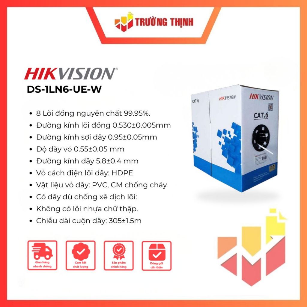 Cáp mạng CAT6 DS-1LN6-UE-W chính hãng Hikvision (cuộn dài 305m)