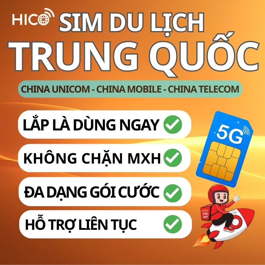 [HICO] SIM Du Lịch TRUNG QUỐC Đại Lục (sim Vật LÝ) Mạng China Unicom tốc độ 4G/5G, Gia Hạn Được