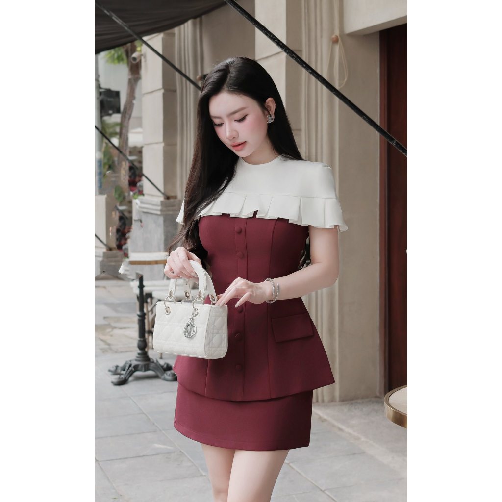 LYAN Set áo chân váy phối cape rời màu đỏ burgundy sang trọng