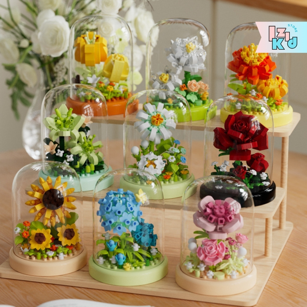 Đồ chơi lắp ráp hoa nhiều mẫu có chụp kính, mô hình decor cao cấp, hộp quà tặng ý nghĩa
