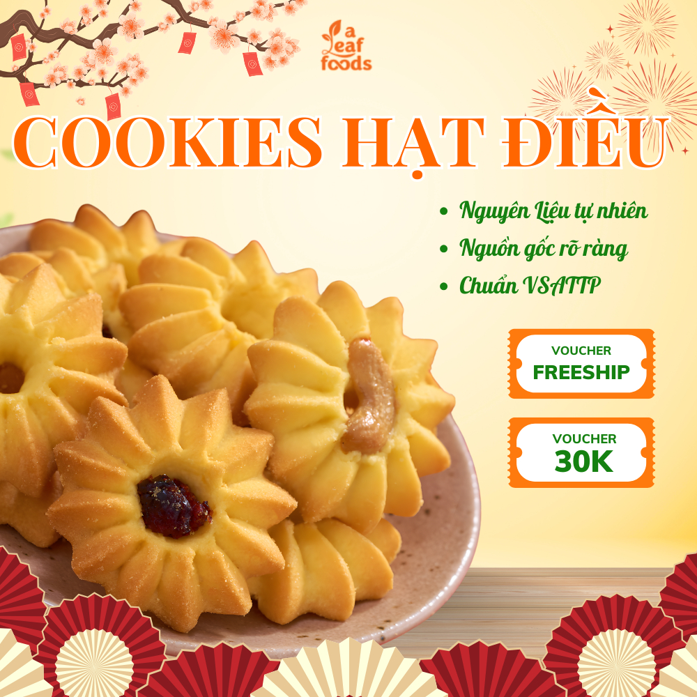 Bánh cookies hạt điều A Leaf Foods ít ngọt,healthy 500g quà tết bánh kẹo tết 2026