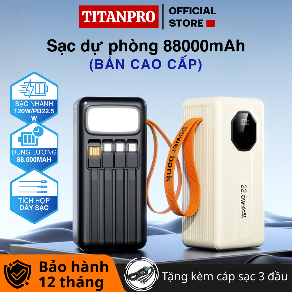 Box sạc dự phòng 88000mAh 55000mAh TitanPro TP102 sạc nhanh 22.5W có đèn pin dung lượng lớn