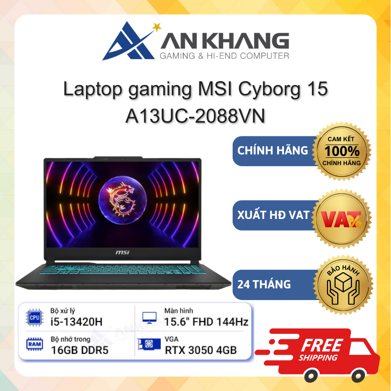 Laptop gaming MSI Cyborg 15 A13UC-2088VN (i5-13420H,16GB,512GB,4GB_RTX3050,15.6FHD 144Hz,W11SL) Chín