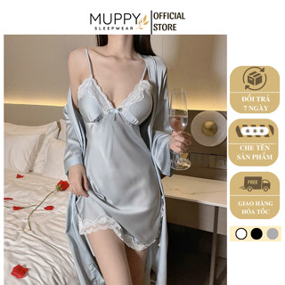  V23  KÈM MÚT  Váy Ngủ Lụa Satin cao Cấp 2 Dây Phối Ren MUPPY Xẻ Đùi Phong Cách Trẻ Trung Chất Lụa Mát Viền Ren Xinh 