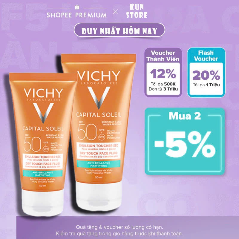 Kem Chống Nắng Vichy Dry Touch, Vichy Velvety Chính Hãng SPF50+ 50ml Cho Da Dầu Che Khuyết Điểm