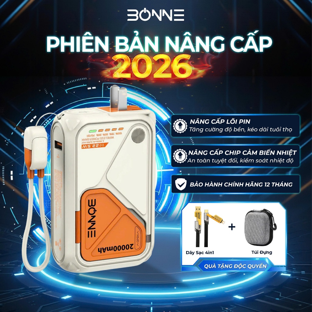 (Bonne x Dauchinavlog) Sạc dự phòng BP08 by BONNE, Củ sạc nhanh BP08 hỗ trợ sạc không dây dung lượng