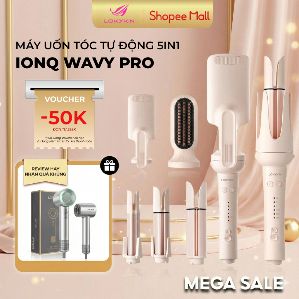  Máy uốn tóc xoăn tự động 5in1 Lokykin 3 trục thay đổi đường kính uốn 28 32 40mm và 1 đầu lược thẳng + 1 đầu uốn hippie 