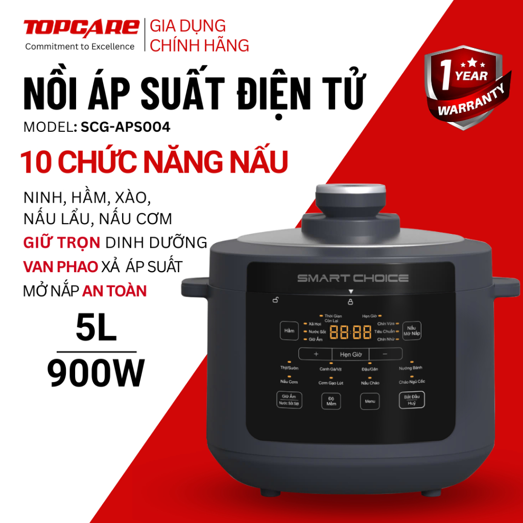 Nồi áp suất điện tử SmartChoice APS004 dung tích 5L hẹn giờ thông minh 10 chế độ nấu, giữ ấm tự động