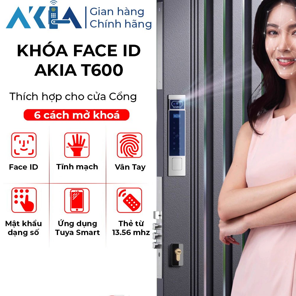 Khóa cửa cổng AKIA T600 nhận diện khuôn mặt Face ID, Tĩnh mạch bàn tay, Vân tay, Mật khẩu, Thẻ từ, Ứ