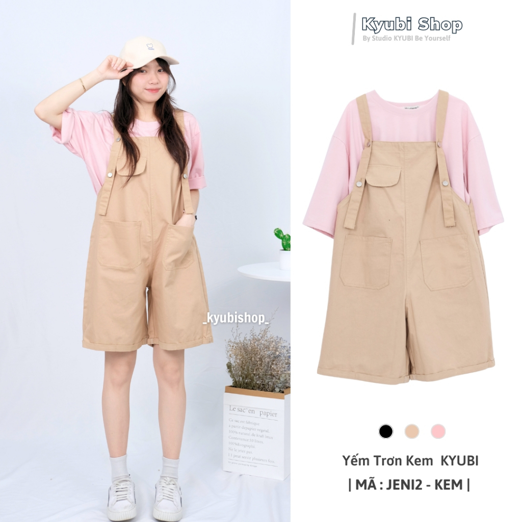 Quần yếm short ngố Ulzzang Kyubi JENI1 có cúc trước [Hồng, Kem] - Yếm Quần Kyubi YN21